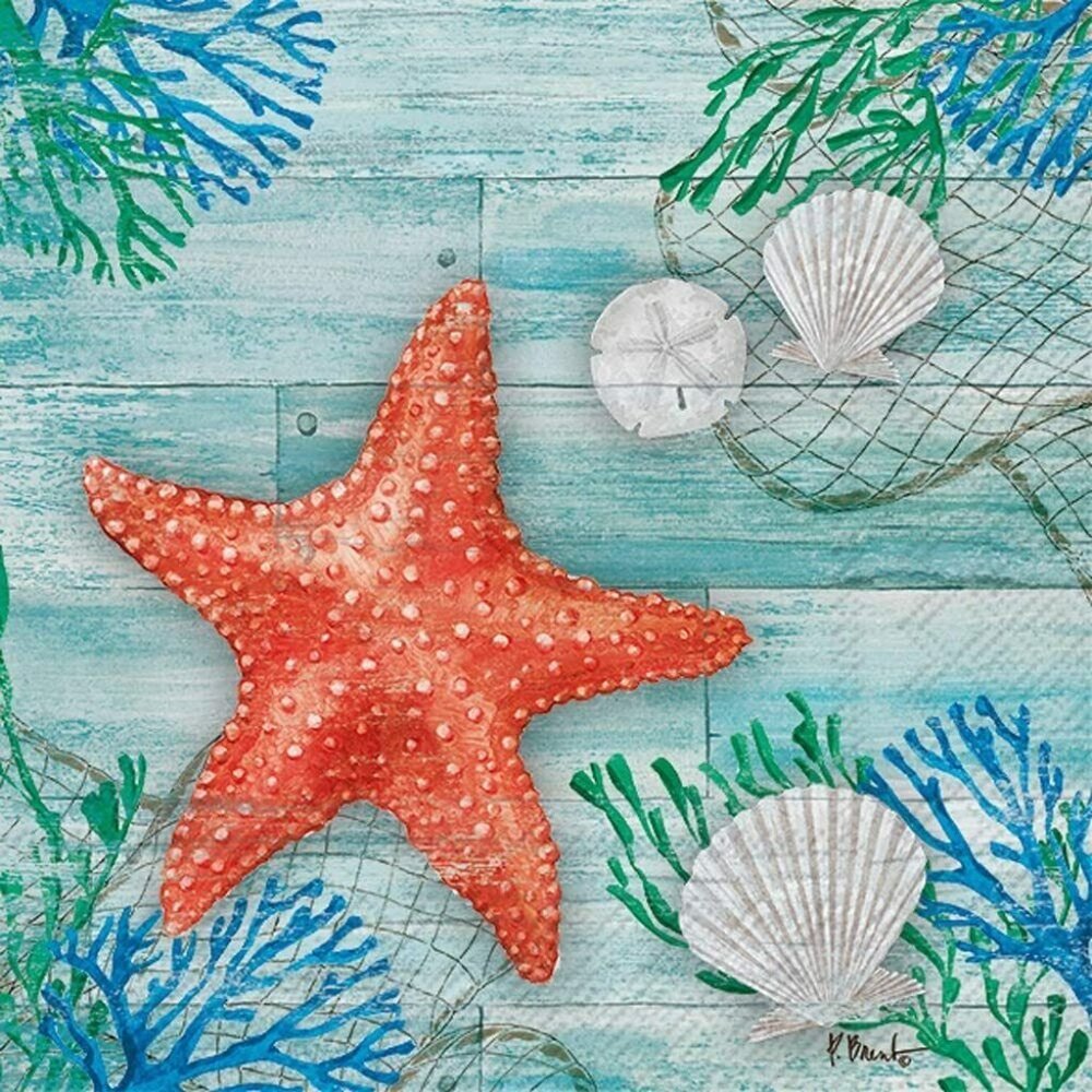 Paper Cocktail Napkins IHR  Beach-Themed 3-Ply , Clearwater Crab and Starfish